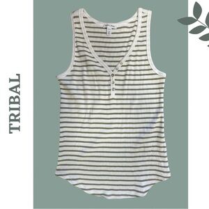 Tribal Henley Stripe Tank Top Button Detail White Green